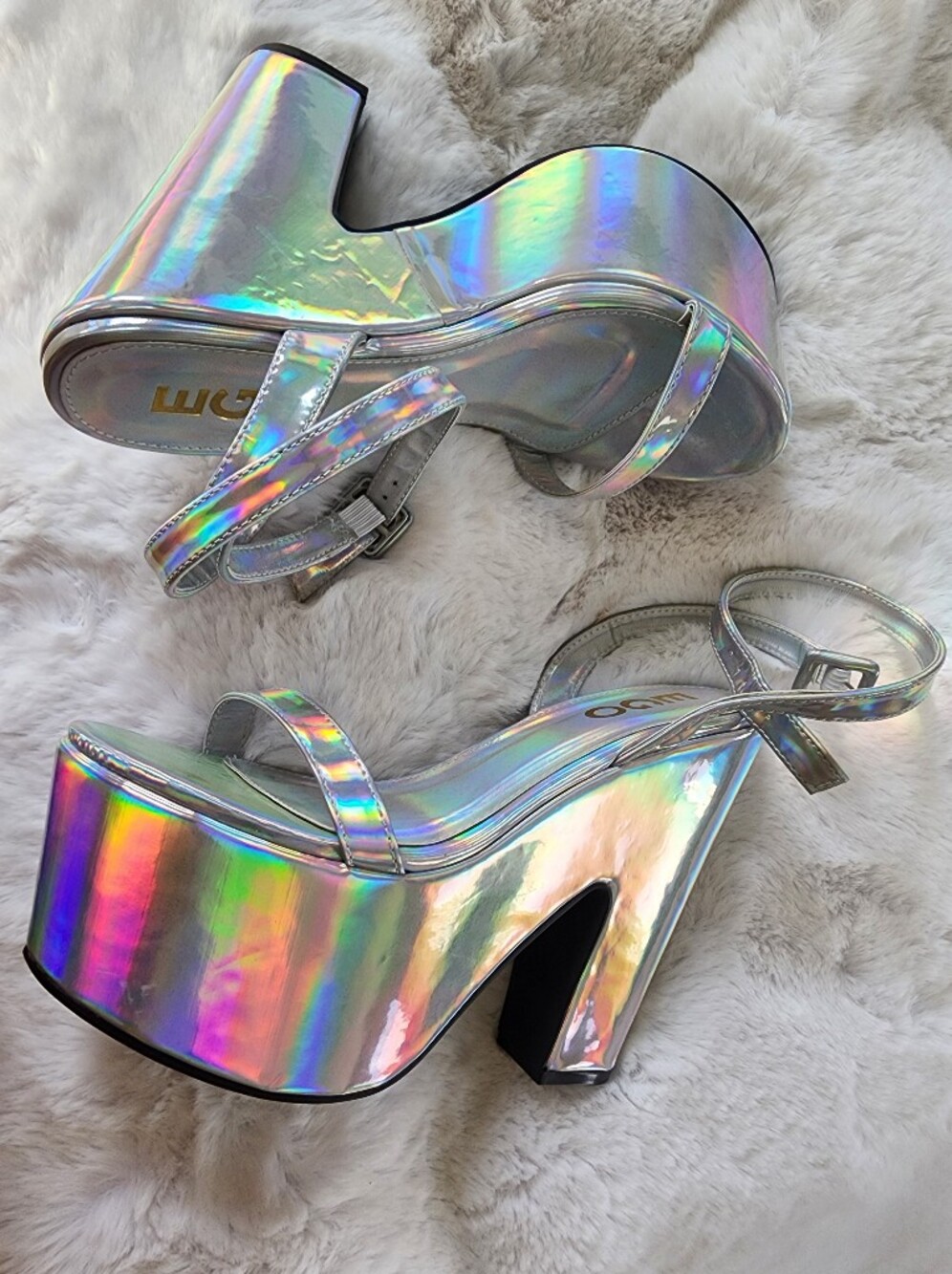 EGO Silver Holographic Platform Block Heel Sandals Size 9